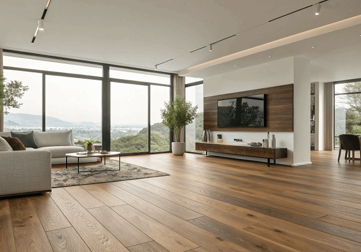 Parquet chêne large lame dans salon moderne Suisse