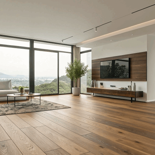 Parquet chêne large lame dans salon moderne Suisse